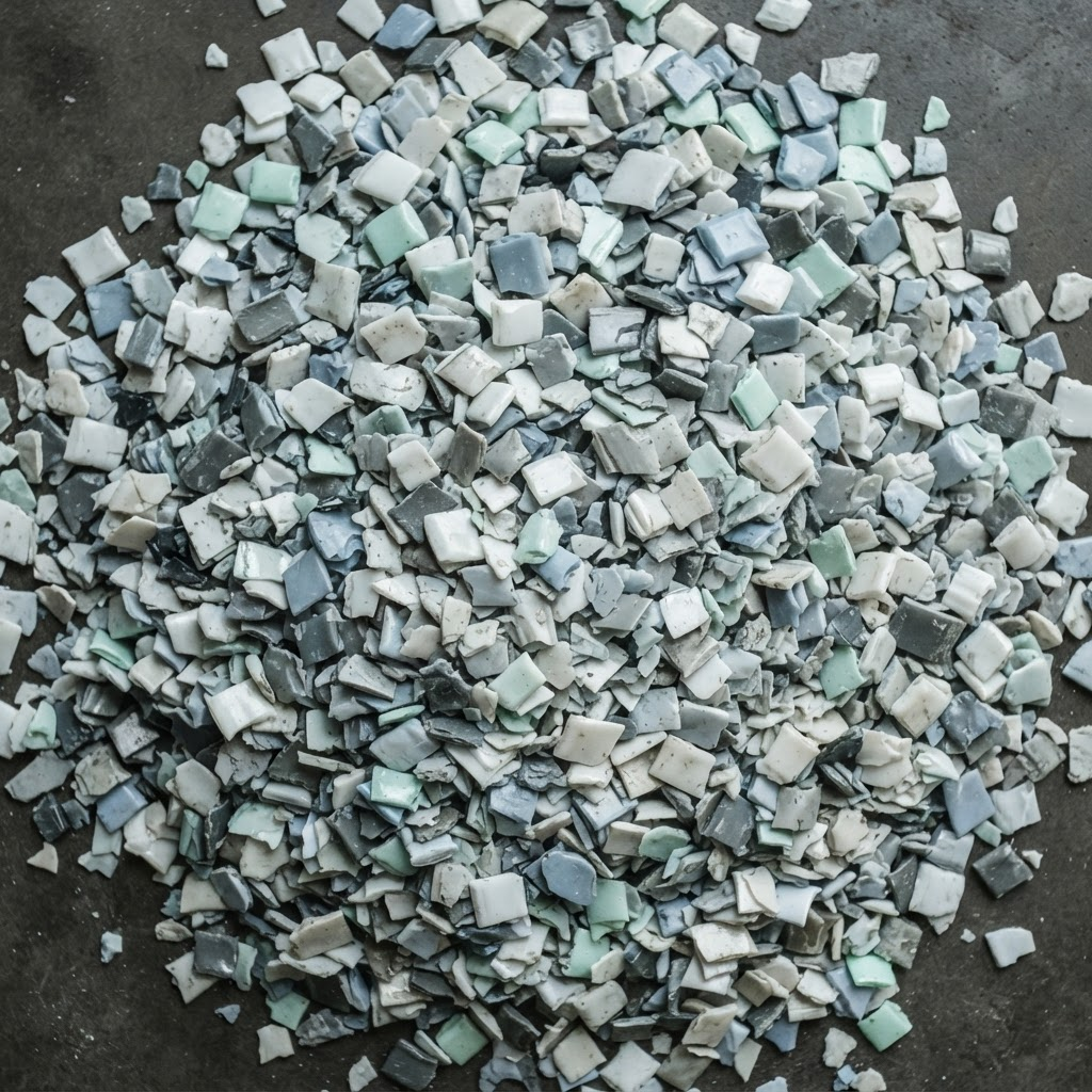 Sample photo: a heap of shredded HDPE regrind flakes in white, grey and green.