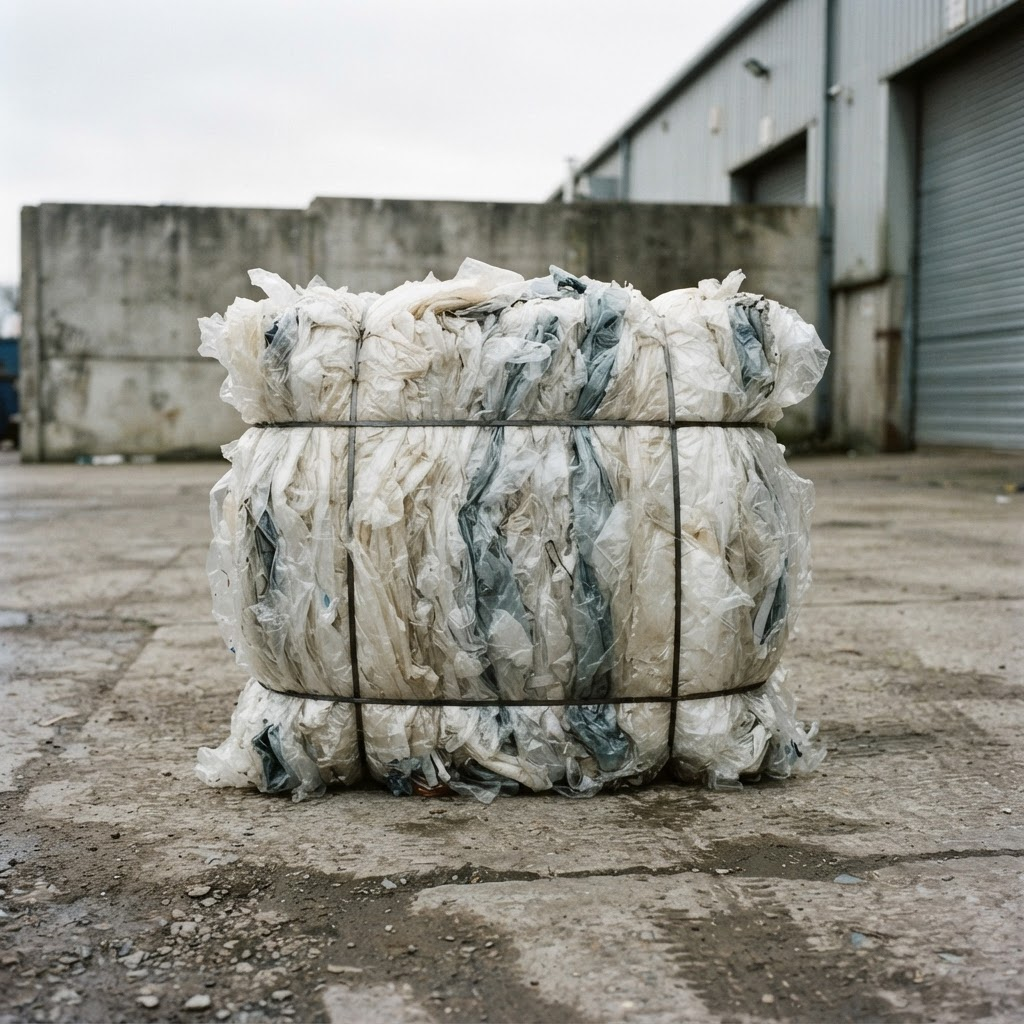 Sample photo: a baled block of clear and pale-blue LDPE film strapped on a factory yard.