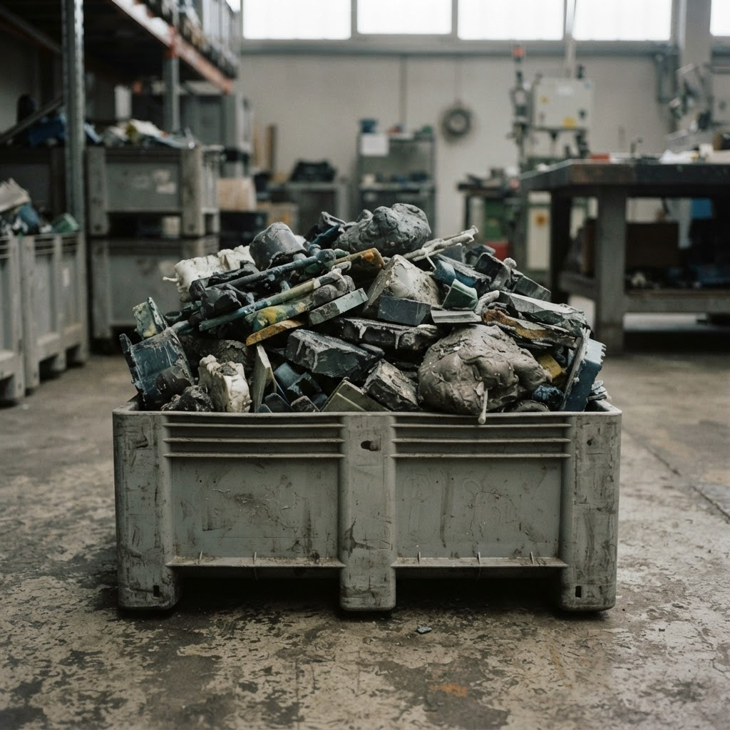 Sample photo: a grey crate of dark PP purge lumps on a workshop floor.